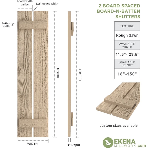 Rustic Two Board Spaced Board-n-Batten Rough Sawn Faux Wood Shutters, 11 1/2W X 52H